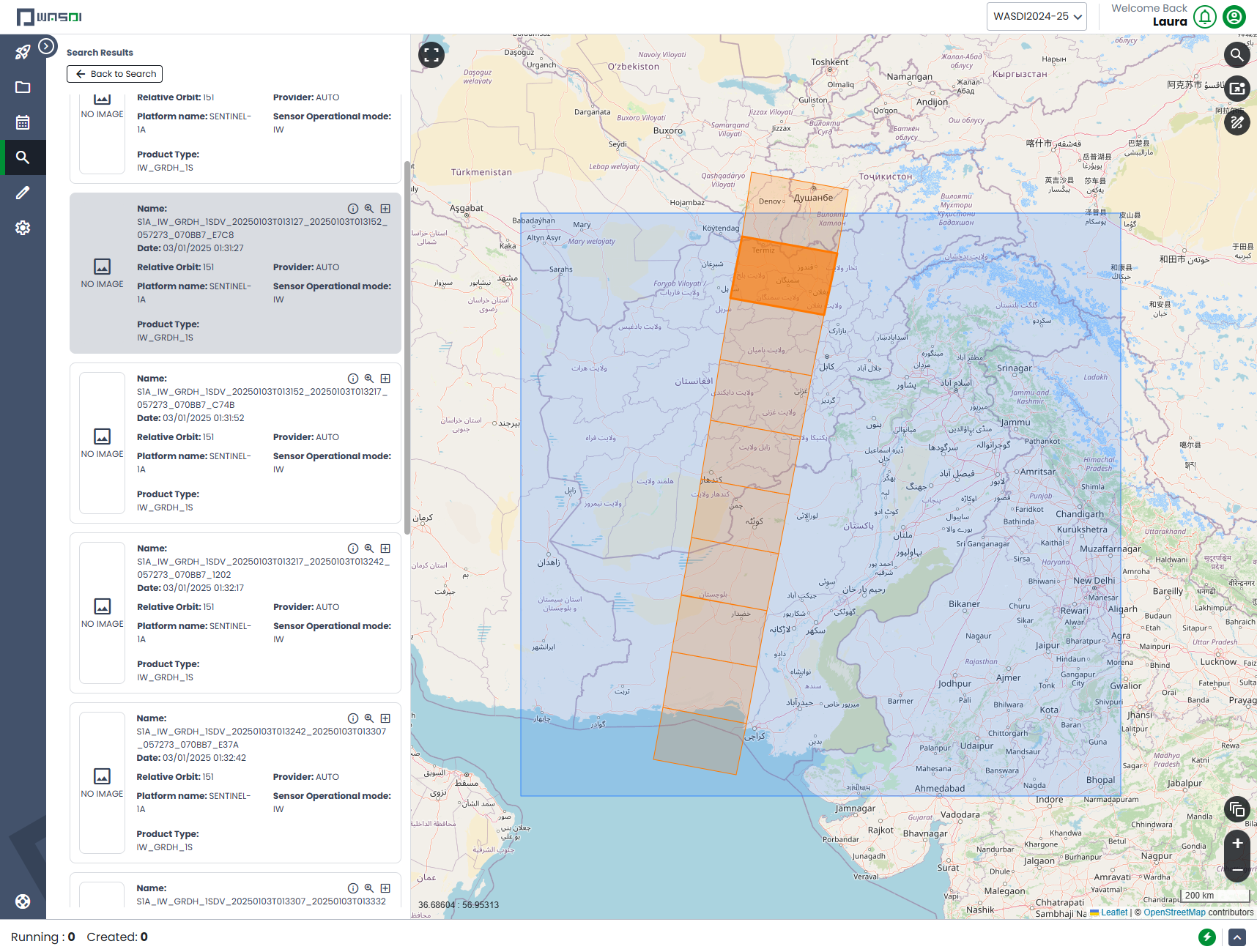 Example of image (in dark orange) within a rectangular AoI (blue shade) but outside the borders of the country of interest (Pakistan in this specific example).
